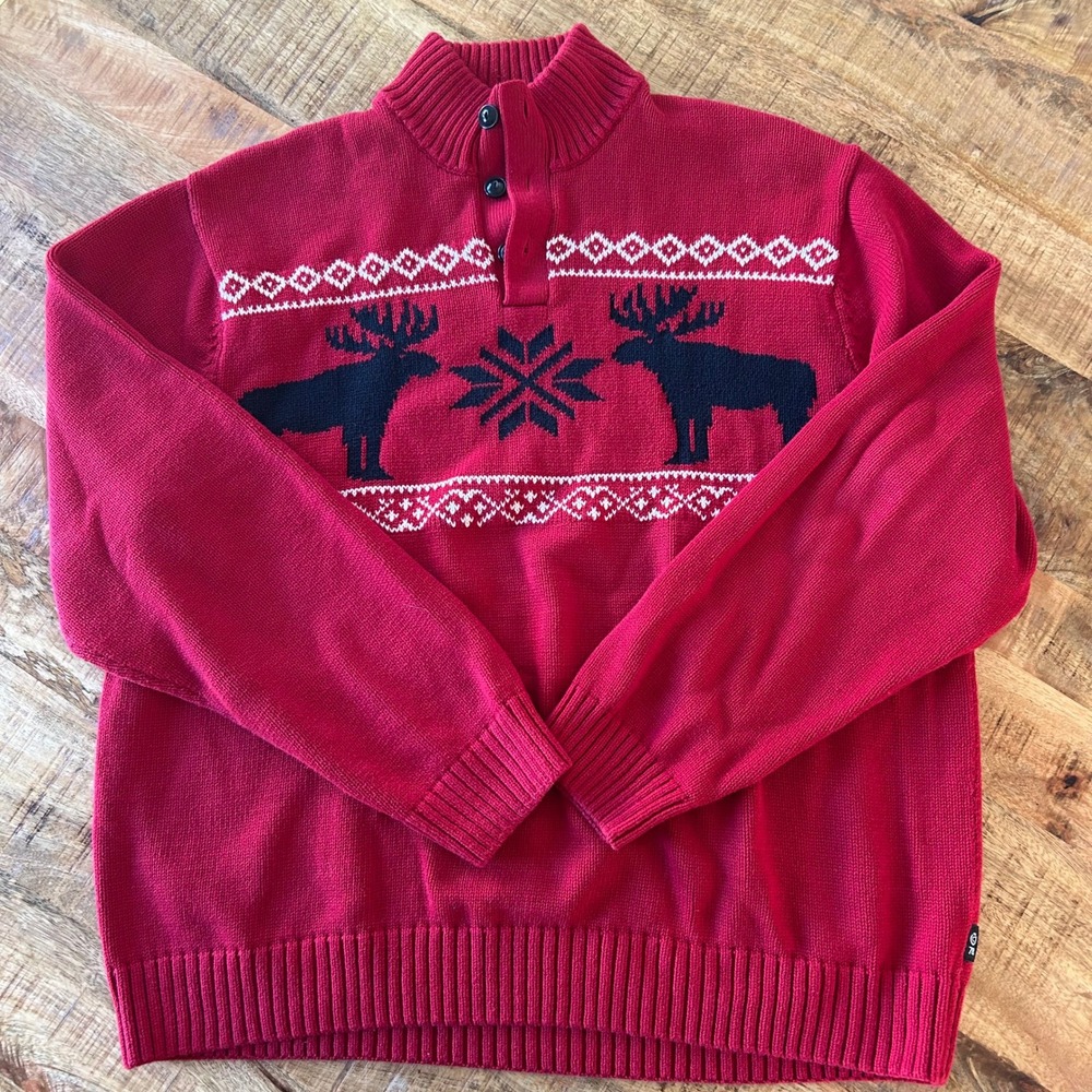Chaps Mens Red Nordic Moose Snowflake Cotton Mock Neck Button Sweater XL